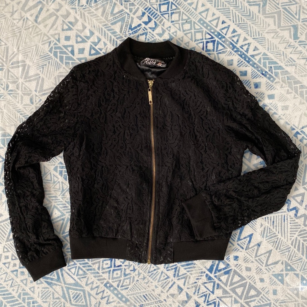 Cute Black Lace Bomber Jacket